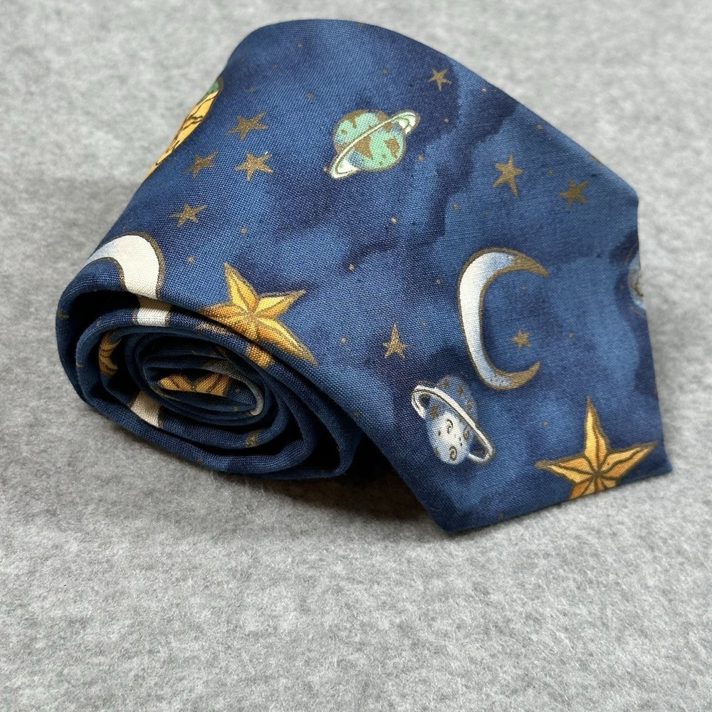 Vintage Ruff Hewn Space Celestial Novelty Necktie Moon Stars USA Cotton 55x3.6in